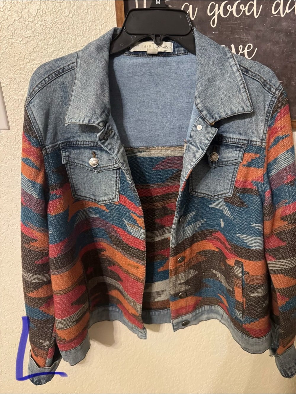 Denim-Accent Southwestern Pattern Jacket - Blue Multi